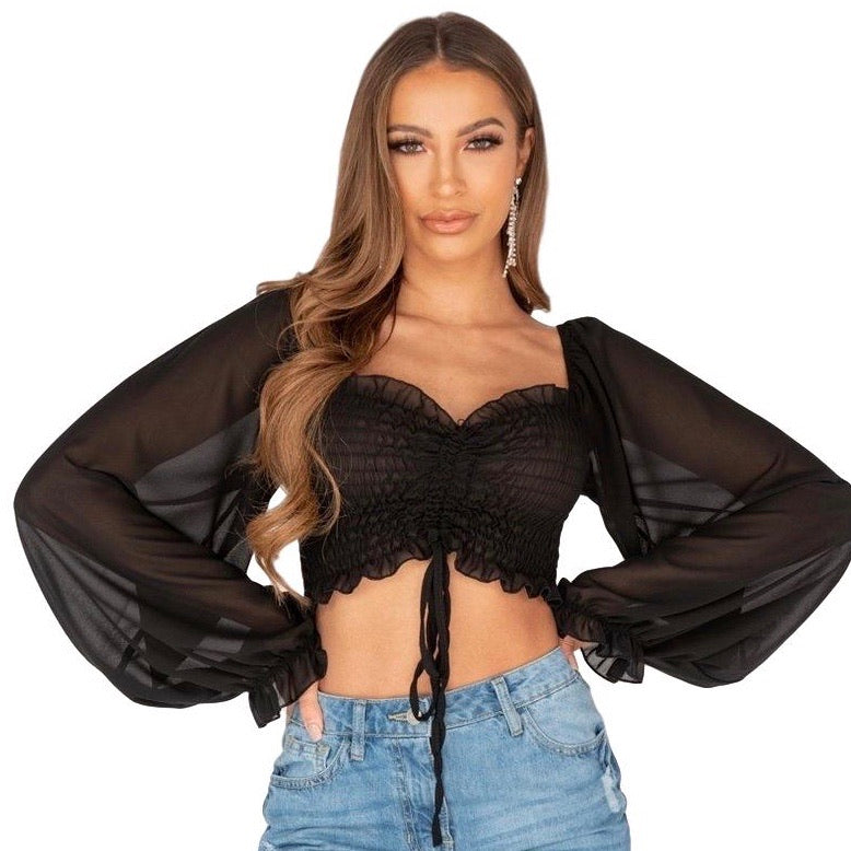 WOMENS SHEER FRONT TIE UP LONG SLEEVE CROP TOP – vitalityrkm