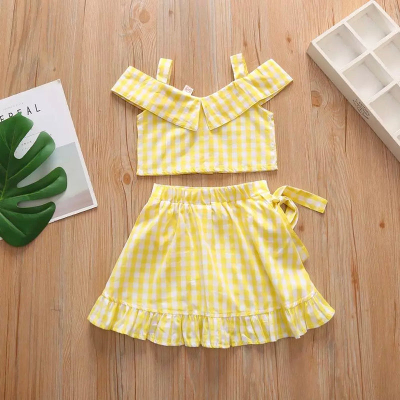 GIRLS CAMISOLE FLY SLEEVE FLOUNCED TOP & GRID SKIRT