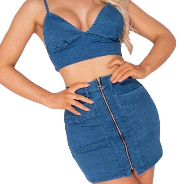 STRETCH BLUE JEAN DENIM ZIP SET