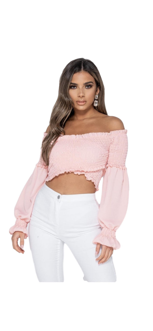 LONG SLEEVE SHIRRING BARDOT CROP TOP