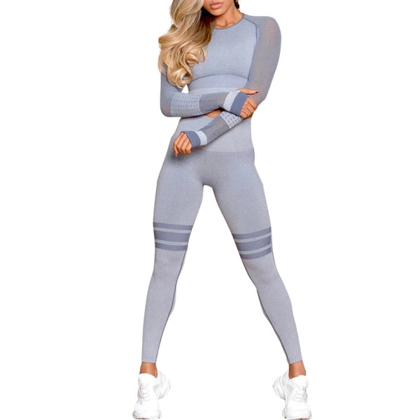 RKM MOTION LONG SLEEVE CROP TOP & LEGGINGS SET (UNIQUE BLUE-GRAY)