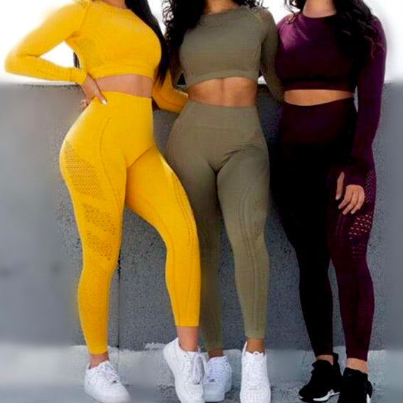 RKM MOTION LONG SLEEVE CROP TOP & LEGGINGS (STARBURST YELLOW)