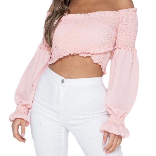 LONG SLEEVE SHIRRING BARDOT CROP TOP