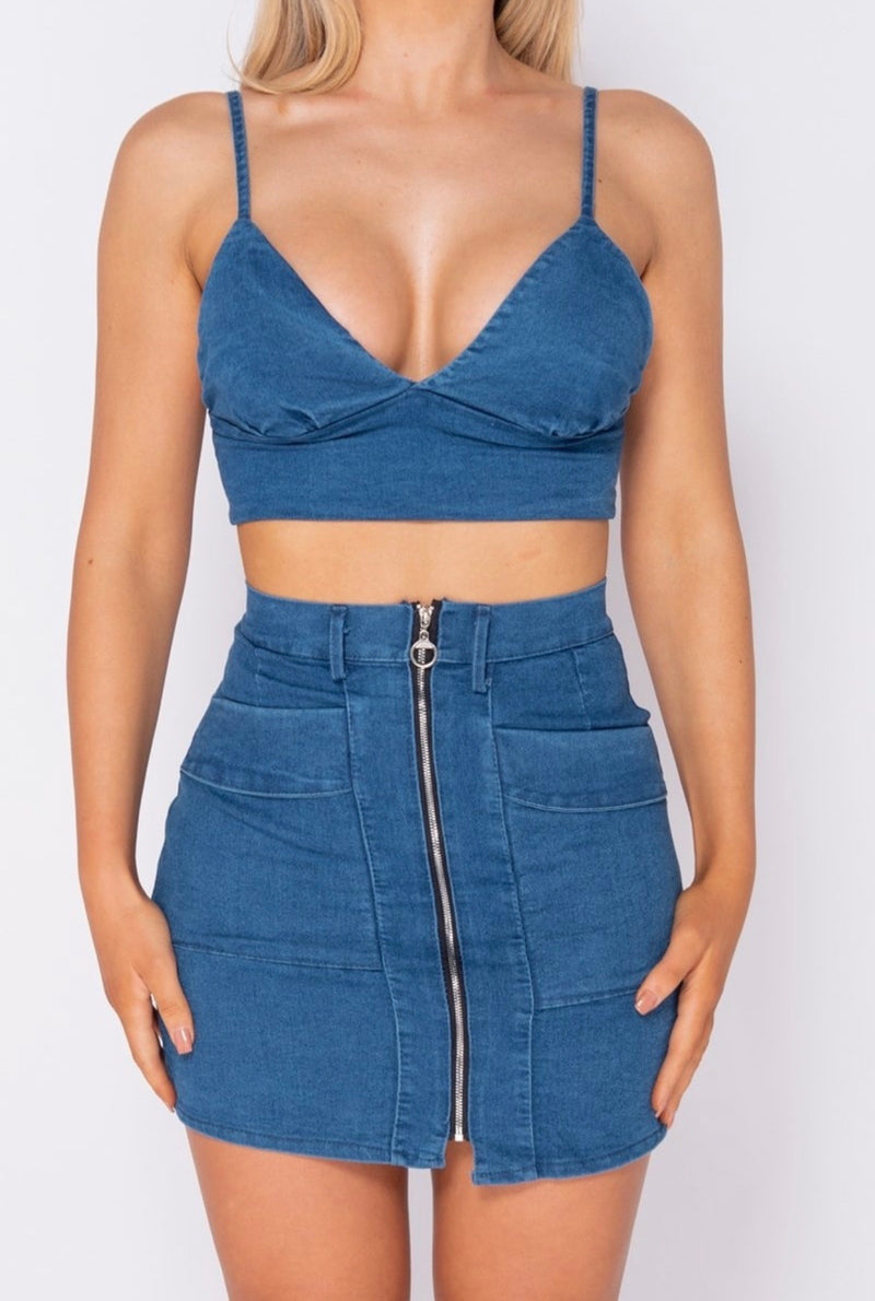 STRETCH BLUE JEAN DENIM ZIP SET