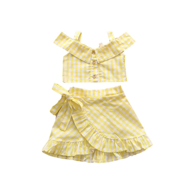 GIRLS CAMISOLE FLY SLEEVE FLOUNCED TOP & GRID SKIRT
