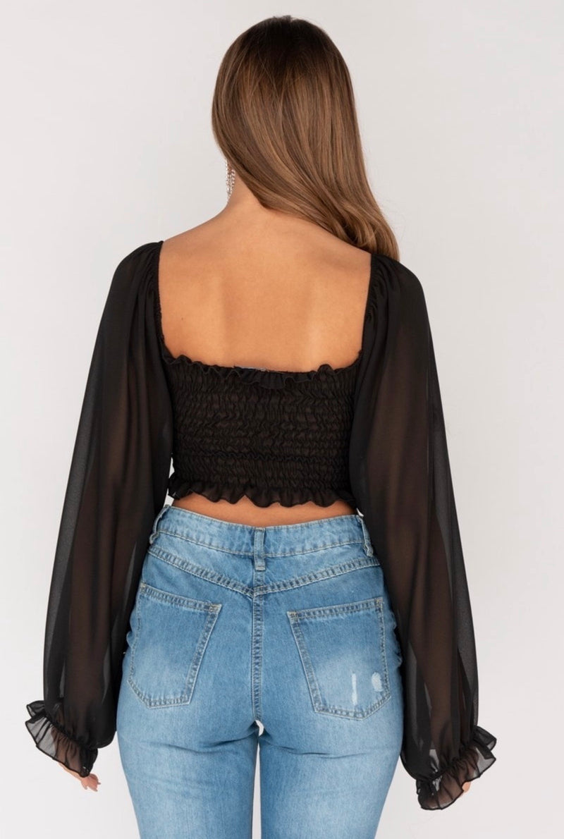 WOMENS SHEER FRONT TIE UP LONG SLEEVE CROP TOP