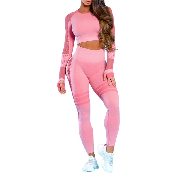 RKM MOTION LONG SLEEVE CROP TOP & LEGGINGS SET (HOT BABY PINK)
