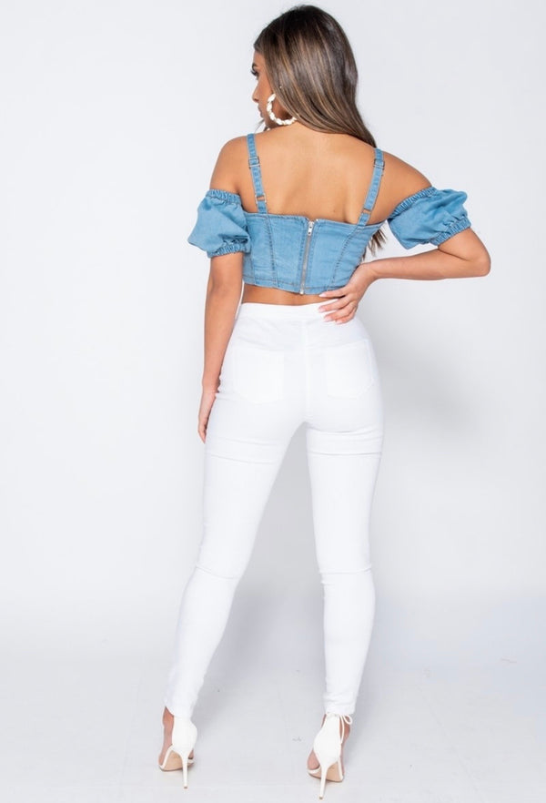 WOMENS OFF SHOULDER TIE UP DENIM BUSTIER CROP TOP
