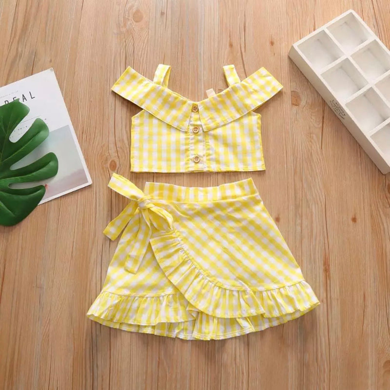 GIRLS CAMISOLE FLY SLEEVE FLOUNCED TOP & GRID SKIRT
