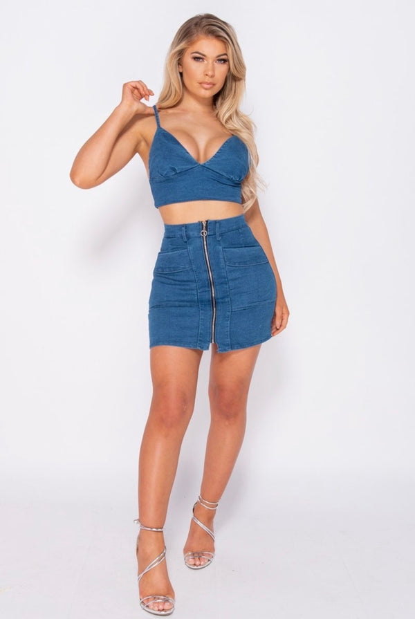 STRETCH BLUE JEAN DENIM ZIP SET