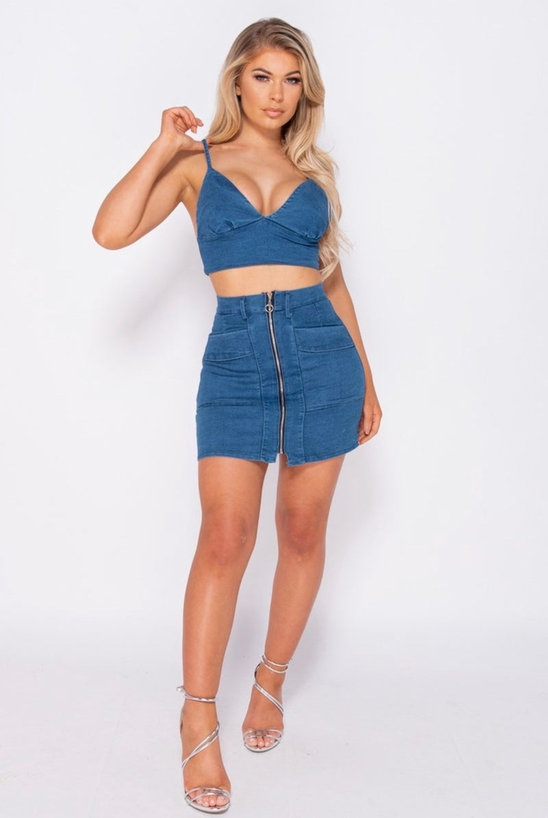STRETCH BLUE JEAN DENIM ZIP SET