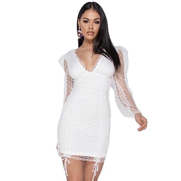 V NECK PUFF SLEEVE POLKA DOT SHEER BODYCON DRESS