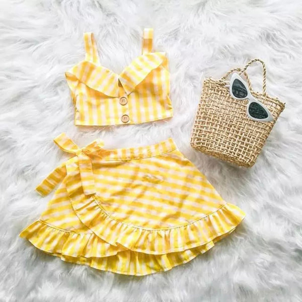 GIRLS CAMISOLE FLY SLEEVE FLOUNCED TOP & GRID SKIRT
