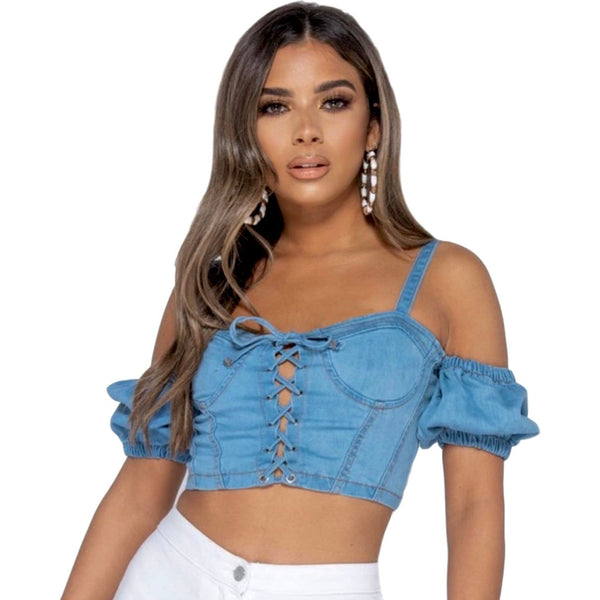 WOMENS OFF SHOULDER TIE UP DENIM BUSTIER CROP TOP